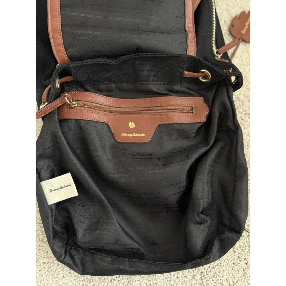 Tommy Bahama Koki Beach Backpack 13x11x4 Linen Cotton Black Mixed Media‎ Pockets